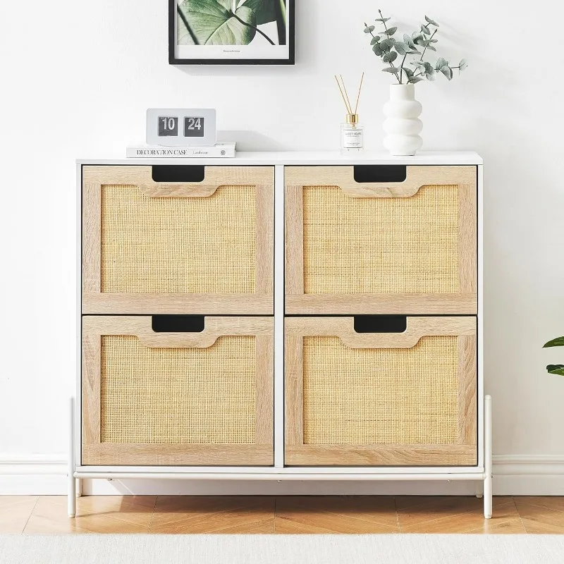 

Natural Rattan 4 Flip Door Shoe Cabinet Organizer Freestanding,Modern Shoe Rack Storage Organizer with 3-Tier Adjustable Shelves