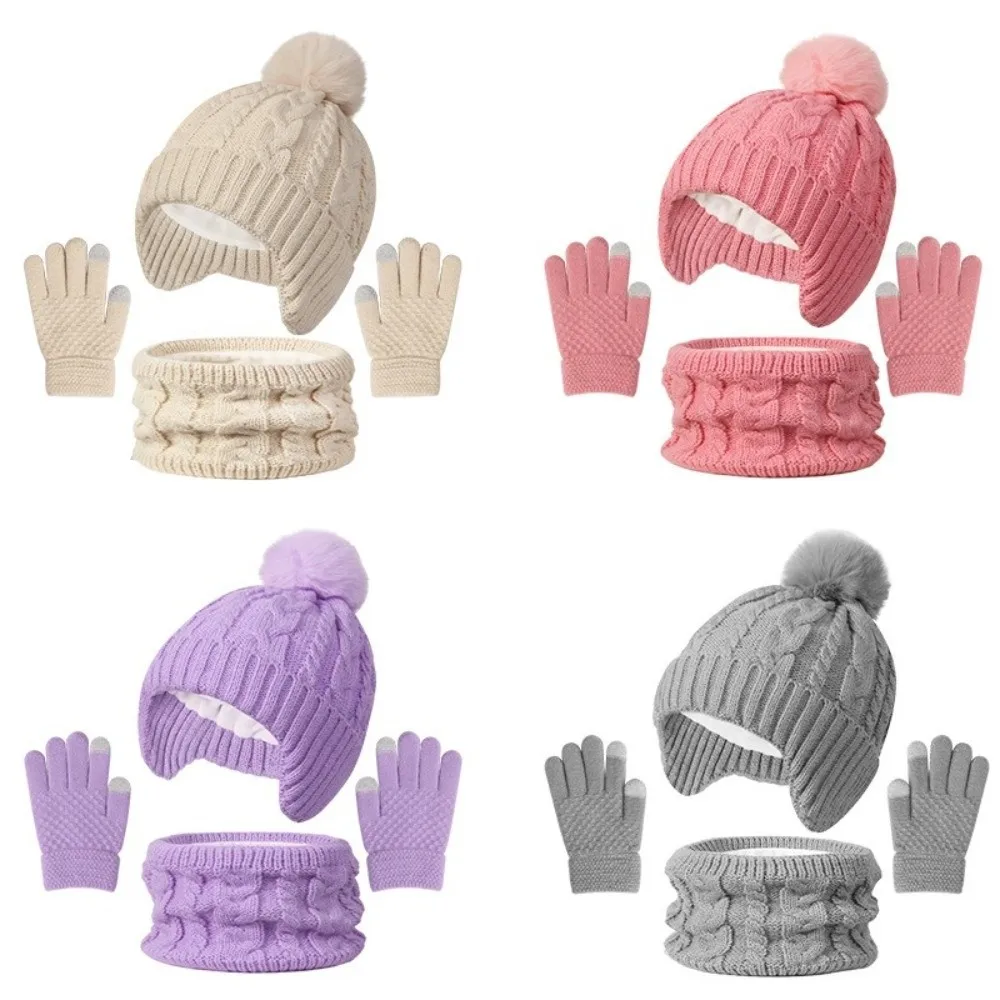 New Winter Hat Scarf Gloves Set 3-10Y Kids Warm Toddler Bonnet Windproof Thicken Pompom Knitted Hats Children's Outdoor