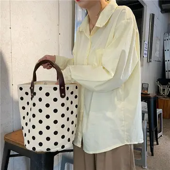 Borsa a secchiello casual in tela con pois, grande capacità, stile coreano, borsa a mano, borsa tote, borsa per il pranzo, borsa per la mamma, borsa portaoggetti
