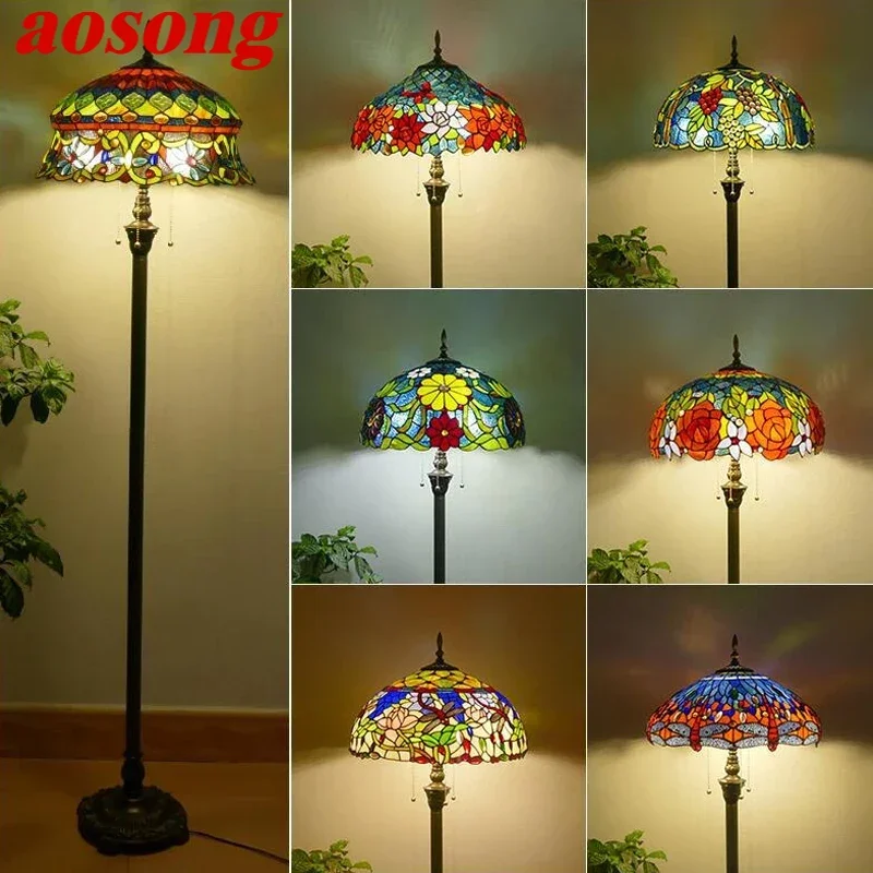 

AOSONG Tiffany Floor Lamp American Retro Living Room Bedroom Lamp Country Stained Glass Floor Lamp