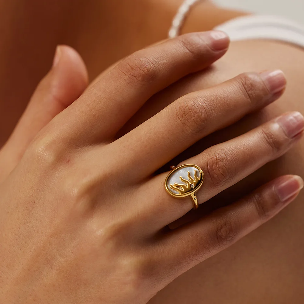 Trendy Stainless Steel Flame Shell Design Finger Rings Gold Color 18K PVD Plated Occident Jewelry Women Gift finger ring,stainless steel ring,gold color ring,gold color rings