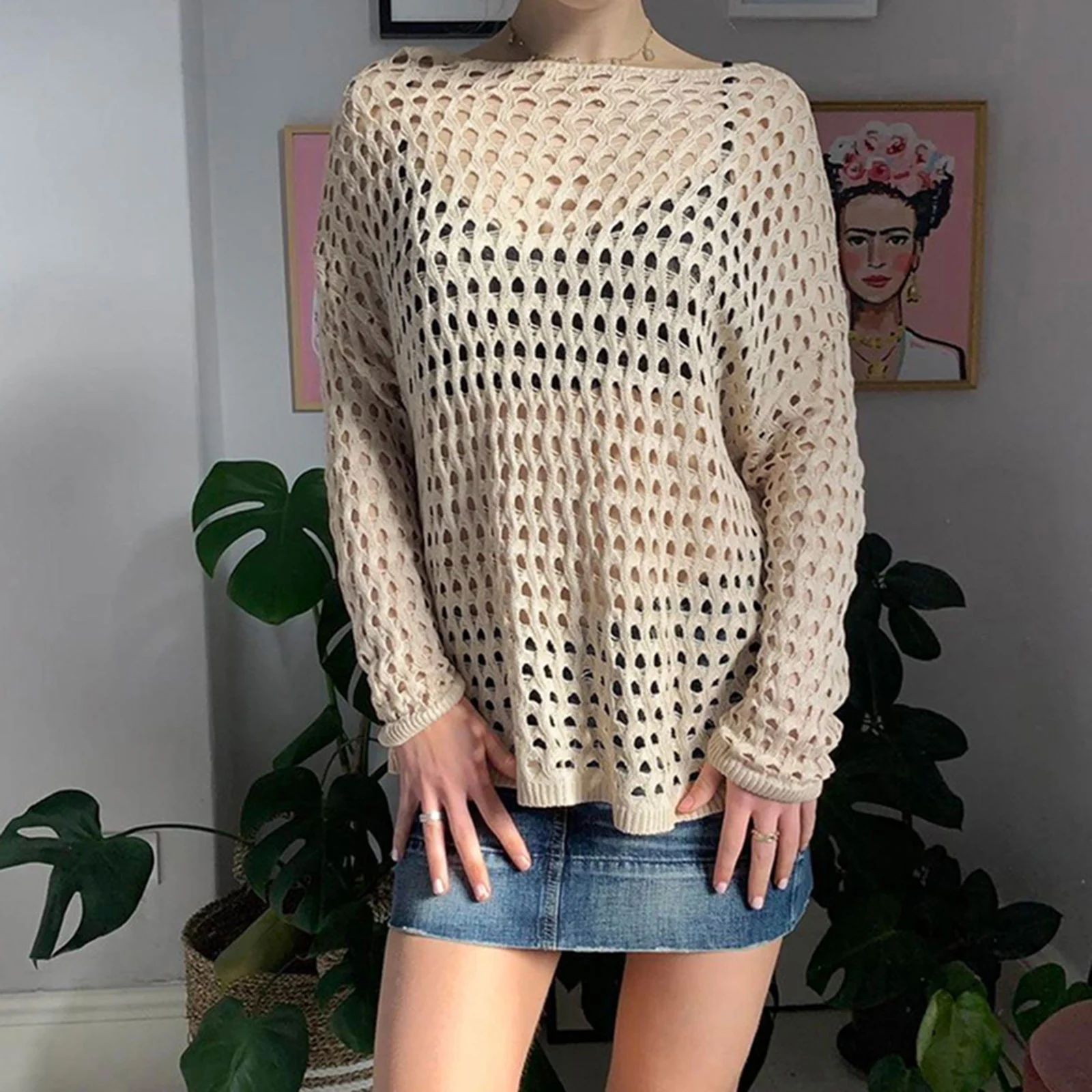 

Latest Women'S Solid Knitted Wool Beach Cover Up Hollow Hole Solid Long Sleeves Crew Neck Sheer Beachwear Cutout Sweater