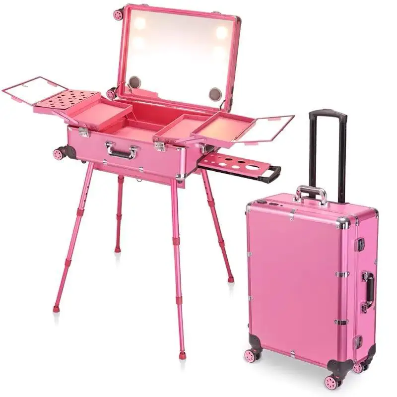 Travel Luggage Professional Rolling Cosmetic Case Beauty Makeup Trolley LED Light Mirror Aluminum frame Folding table