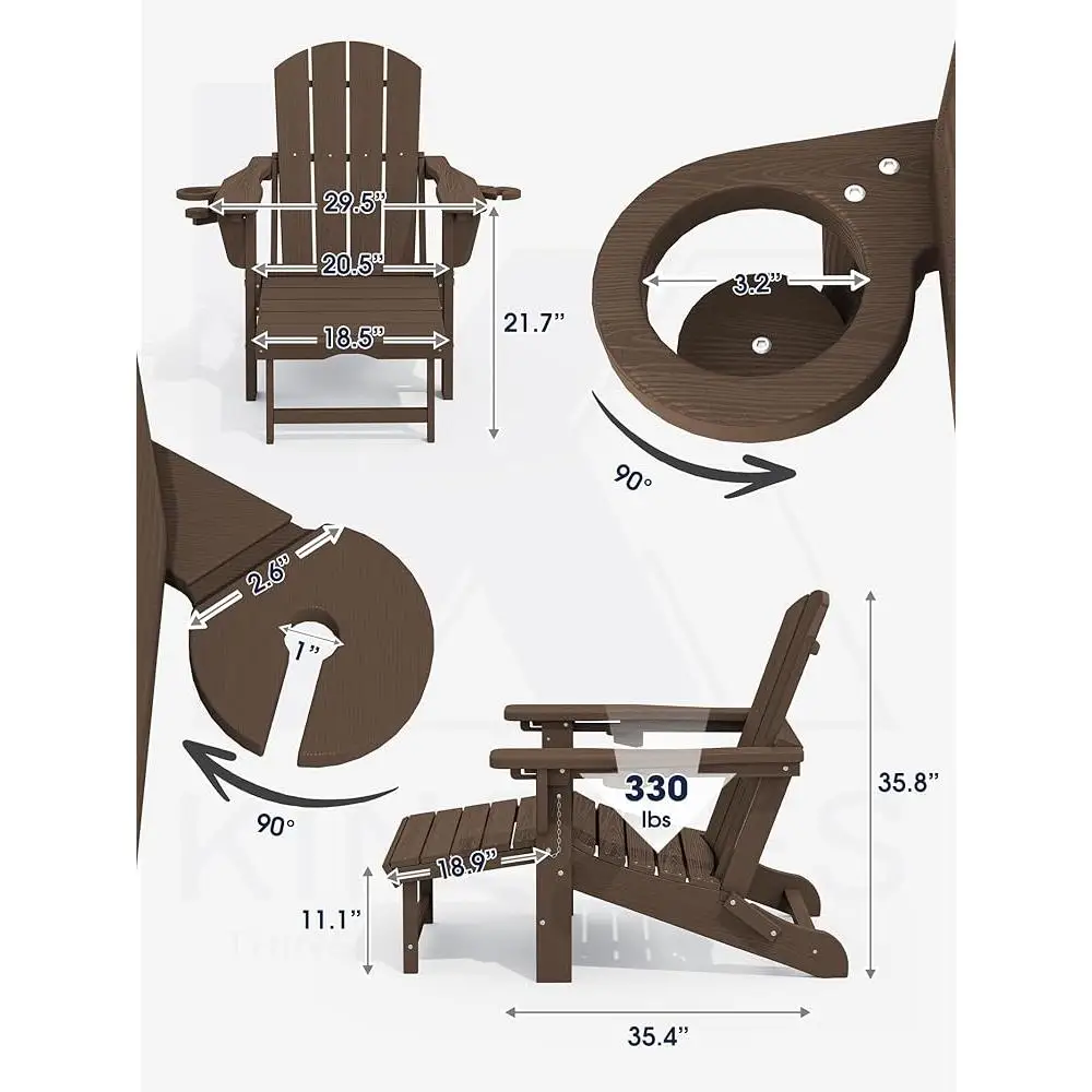 Folding Adjustable Adirondack Chair Set with Ottoman and Cup Holder Outdoor Relaxation Oversized Reclining Lounger 2 Pcs 3