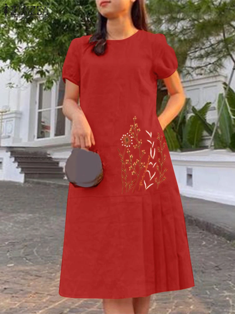 

ZANZEA Short Sleeve Holiday Sundress Women O Neck Pleated Floral Embroidery Beach Vestidos Summer Casual 2024 Fashion Midi Dress