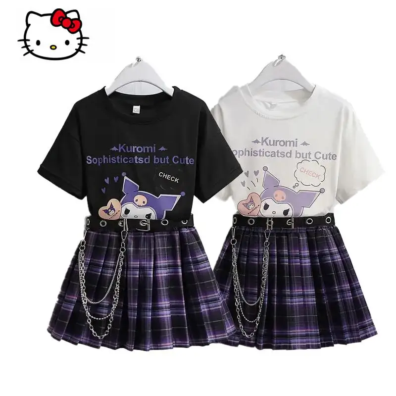 Sanrio Short Sleeves T-Shirt Skirt Belt Anime Female Preppy Suit Kuromi Summer Clothes Jk Pleated Skirt Two Piece Set Wholesale