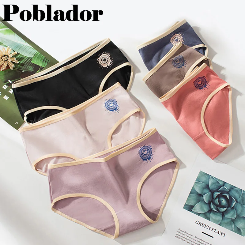 Poblador M-XXL Women's Cotton Sport Panties Underwear Print Girl Briefs Mid  Waist Soild Female Comfort Breathable Lady Lingerie