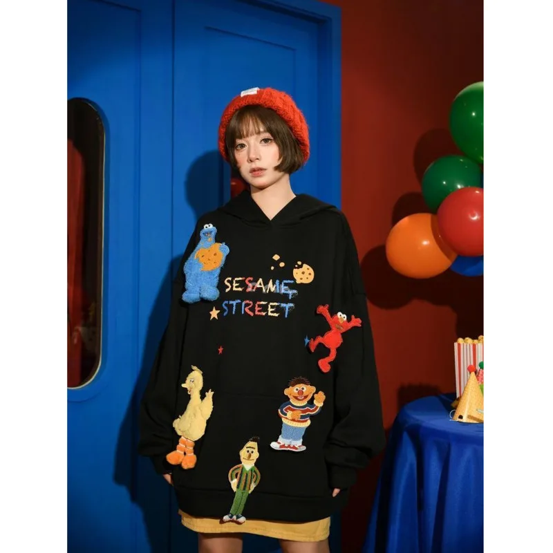 Cartoon Sesames Streets Doll Pullover Korean Fashion Hoodied Shirt High Street Sweatshirt Vintage Oversized Streetwear Outerwear