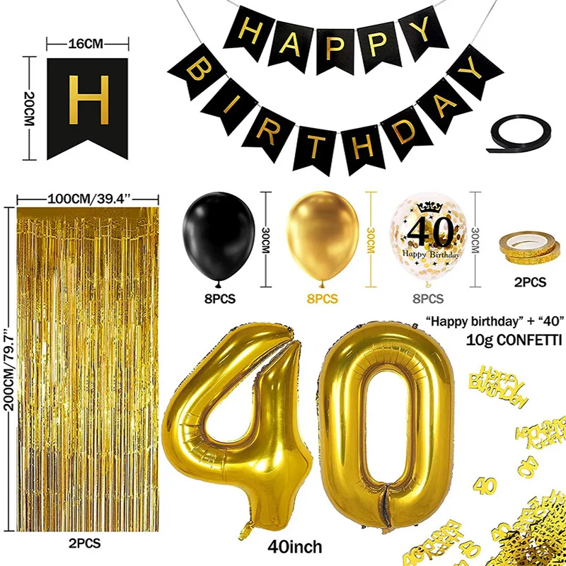 thumbnail image 1 of Decoración para fiesta de cumpleaños número 40 en dorado y negro, pancarta de feliz cumpleaños, globo de helio con número 40 XXL, 2 cortinas con flecos dorados, látex, 1 of 5