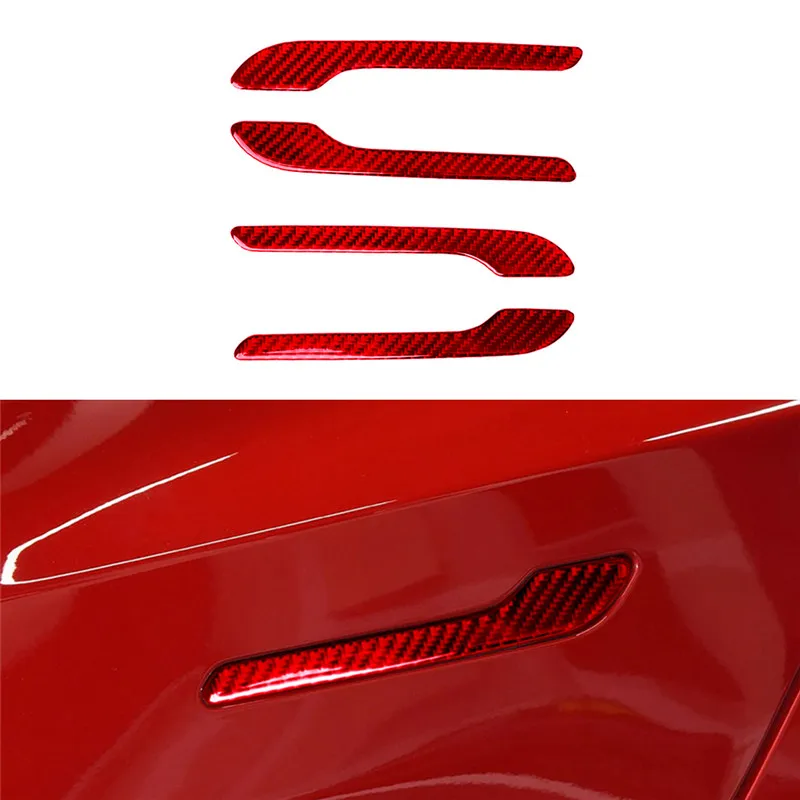 

Black 4Pcs Red Carbon Fiber Side Door Handle Cover Trim Accessories For Tesla Model Y 17-22