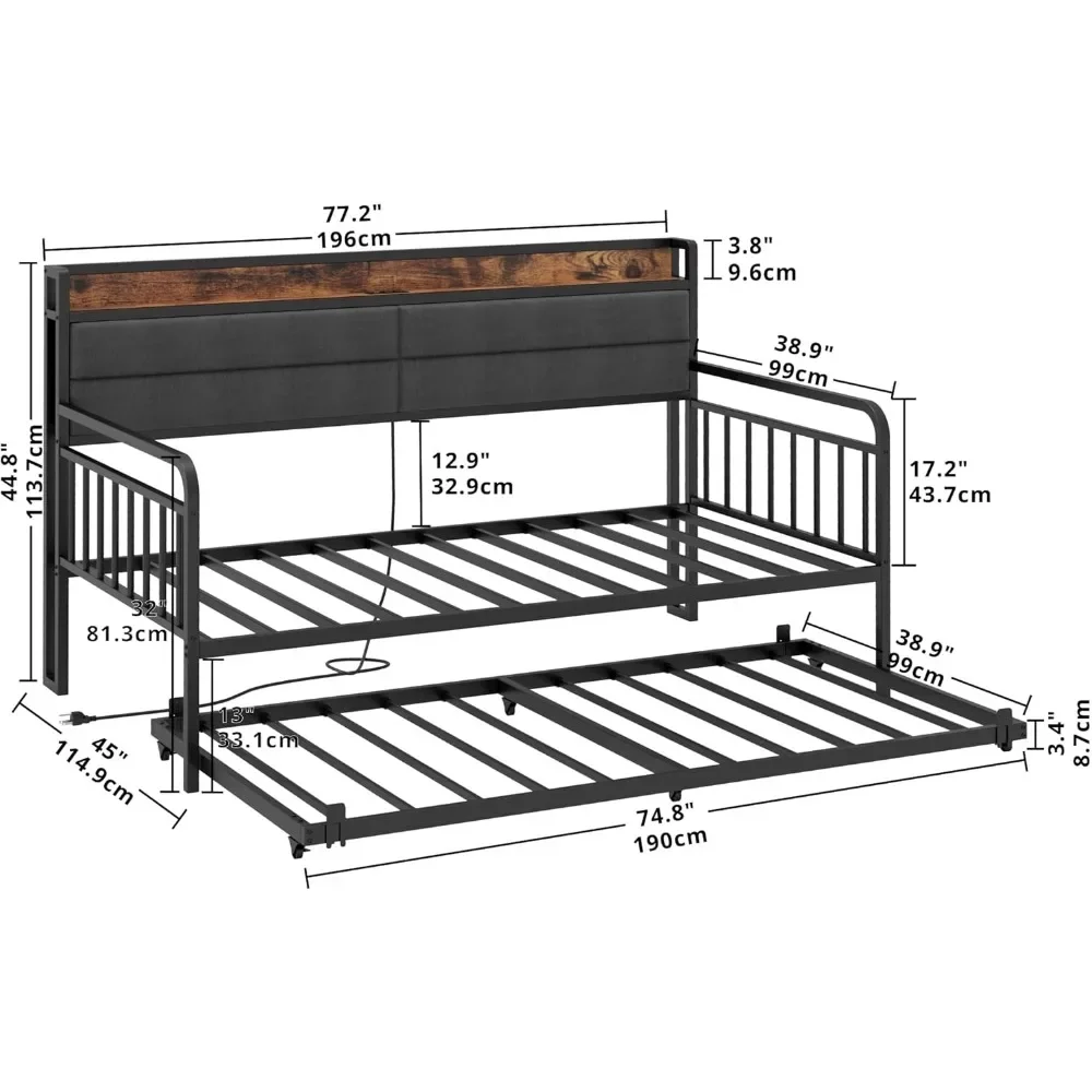 NEW-LIKIMIO Daybed with Trundle, Sturdy Metal Twin Bed Frame with Upholstered Headboard and Charging Station for Living Room, Be