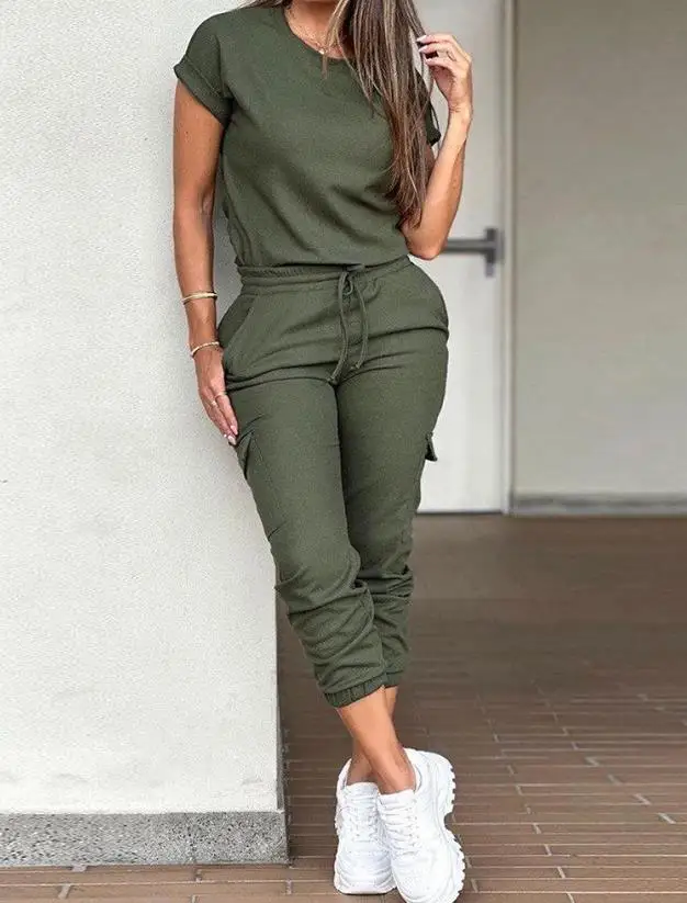 

Women's Round Neck Top & Drawstring Cuffed Pants Set Women Fashion Clothing Summer Female Casual Two Piece Suit Outfits