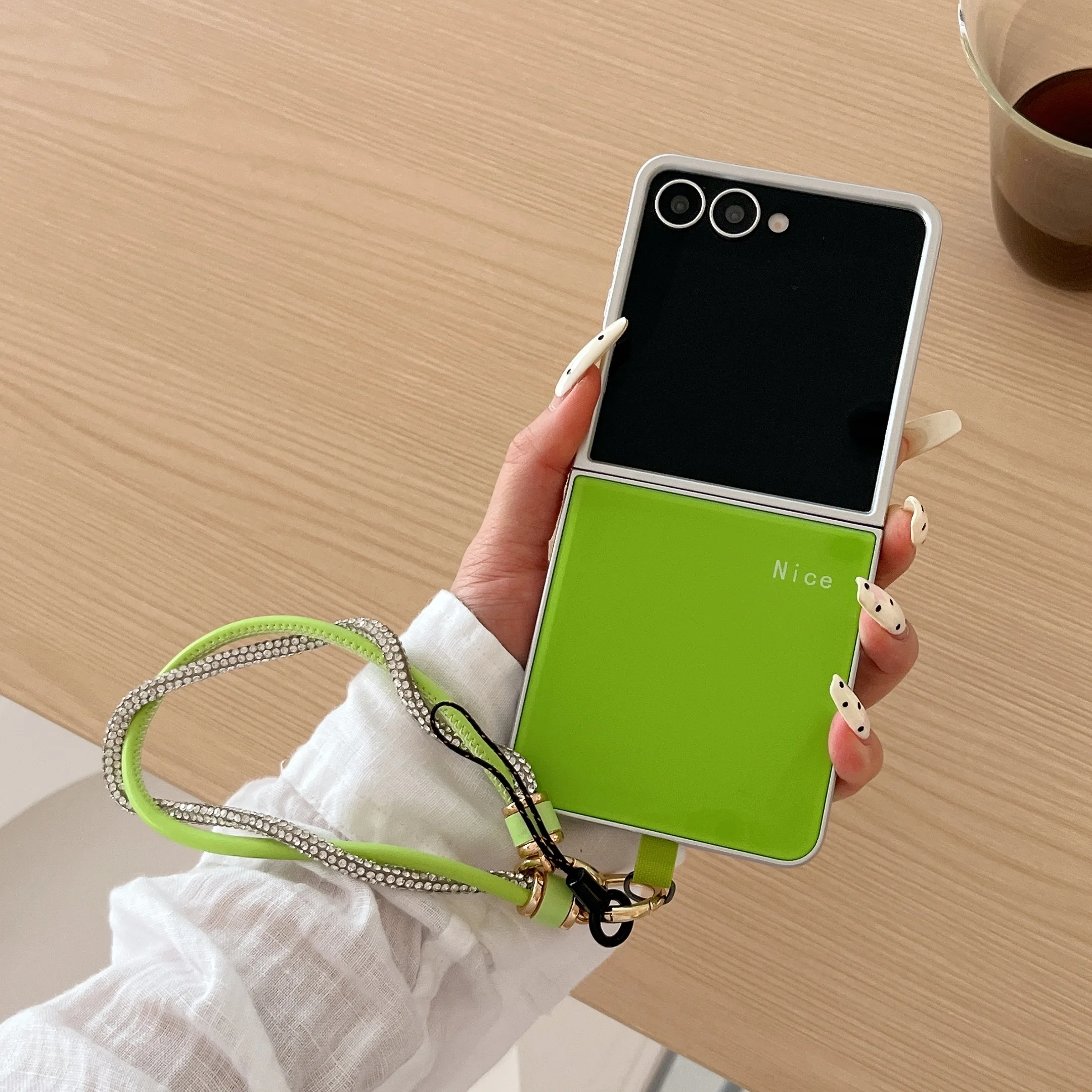 Silver Frame Solid Color Protective Phone Case with Bracelet for Samsung Z Flip Series