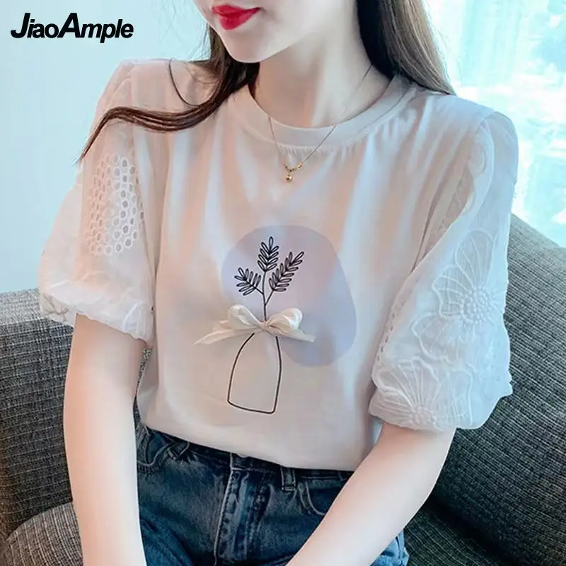 

Women's Cozy Cotton Summer T Shirt 2024 Korean Student Sweet Lace O-Neck Bowknot Lace Puff Sleeve Tops Lady Graceful Pullover