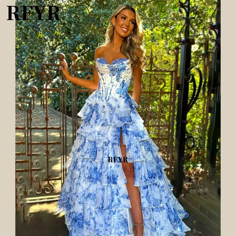 RFYR A Line Floral Prom Vestidos De Novia Pleated Elegant Prom Dress 2025 Floor Lenght Party Dress for Women  فساتين السهرة - Image 3