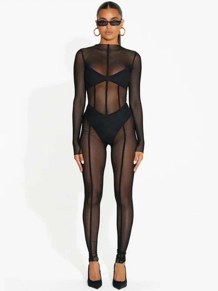 SEBOWEL Women's Black Mesh Bodysuit - Sheer Long Sleeve V Neck Romper, Snap Crotch, Size L - View #6