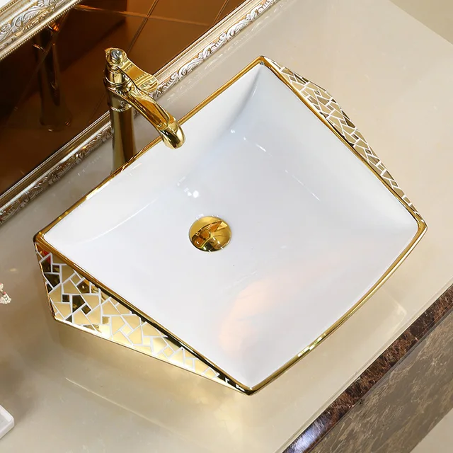 Modern Gold Electroplating อ่างล้างหน้าทองสีตาราง Art อ่างล้างหน้า Lavabo ชามหรูหราห้องน้ําอ่างล้างจาน 3