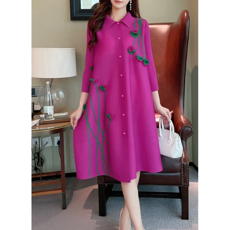 

2023 autumn new pleated large size dress lapel print loose single breasted cardigan dress