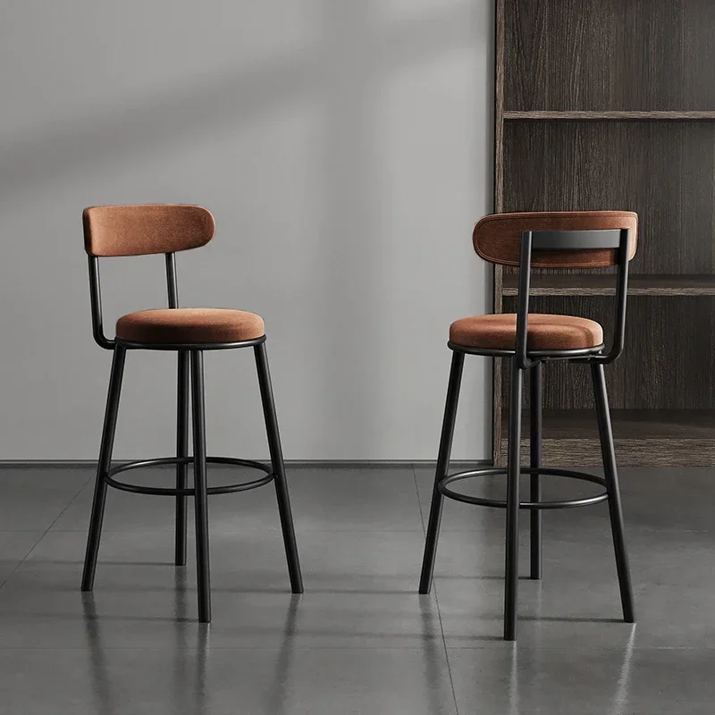 Nordic Bar Chairs Iron High Feet Backrest Seat High-temperature Baking Paint Dining Stools Comfortable Velvet Modern Furniture