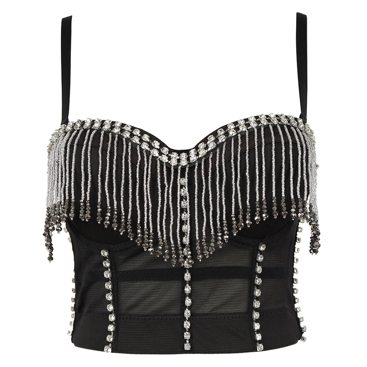 

Female Summer Off Shoulder Sexy Mesh Rhinestone Tassel Corset Bra Party Women Crop Top Cropped Nightclub Bustiers