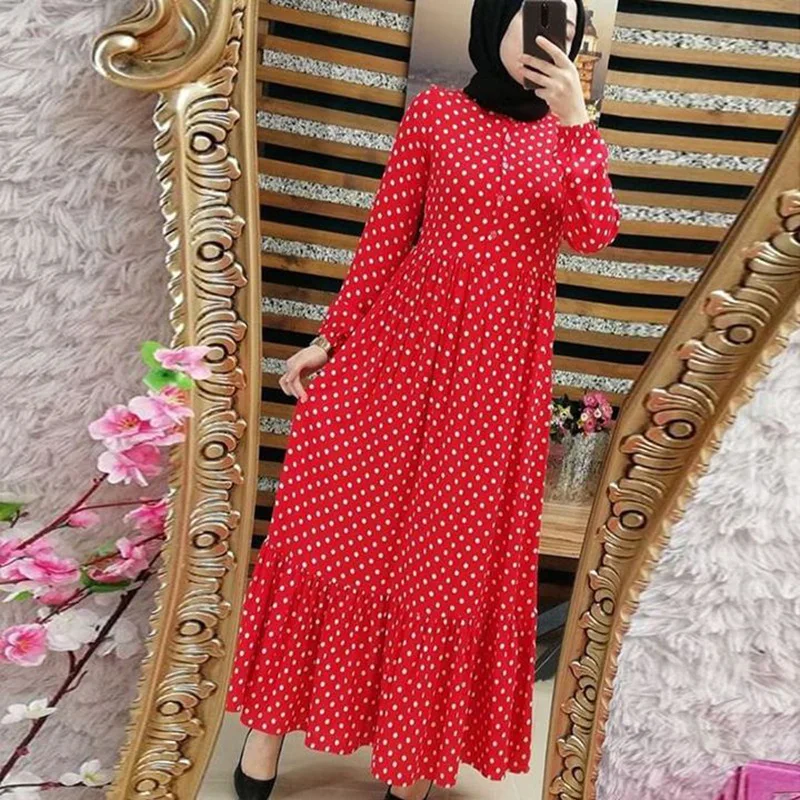 Abaya Dubai Polka Dot Dress Muslim Women Loose Waist Retro Commute Ruffle Edge Big Swing Dresses Marocain Turkish Robe