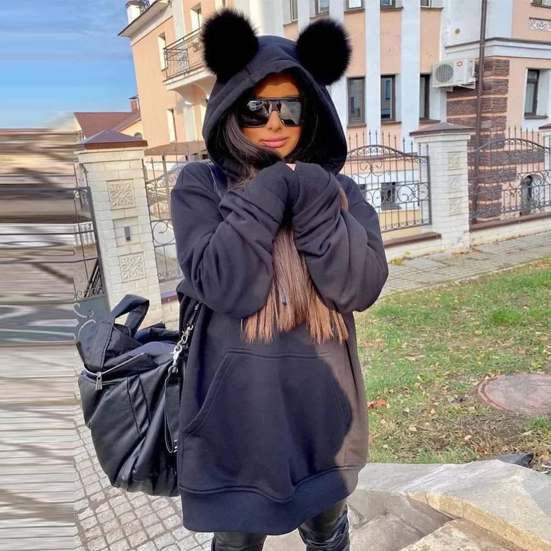 European and American Women's 2023 Autumn and Winter New Fashion Solid Color Wild Cute Plush Ears Hooded Long-sleeved Sweater