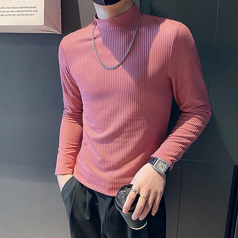 

Long Sleeve Half Turtleneck Men T Shirt Autumn Korean Style Slim Fit Mens Striped T-shirts Asian Size Hip Hop Trend Street Wear