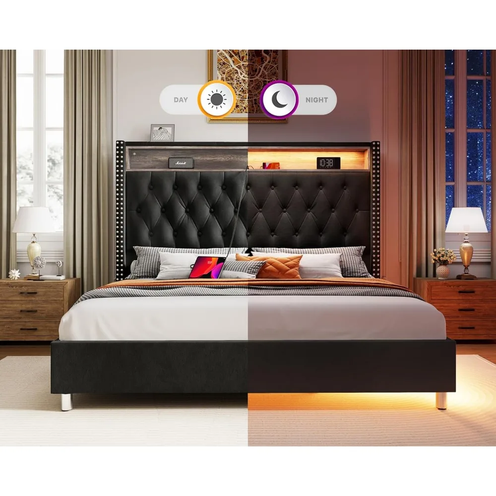 Queen Size Bed Frame 53.6'' Tall Headboard LED Lights and Charging Station, Velvet High Upholstered Platform Bed Frame Queen 6