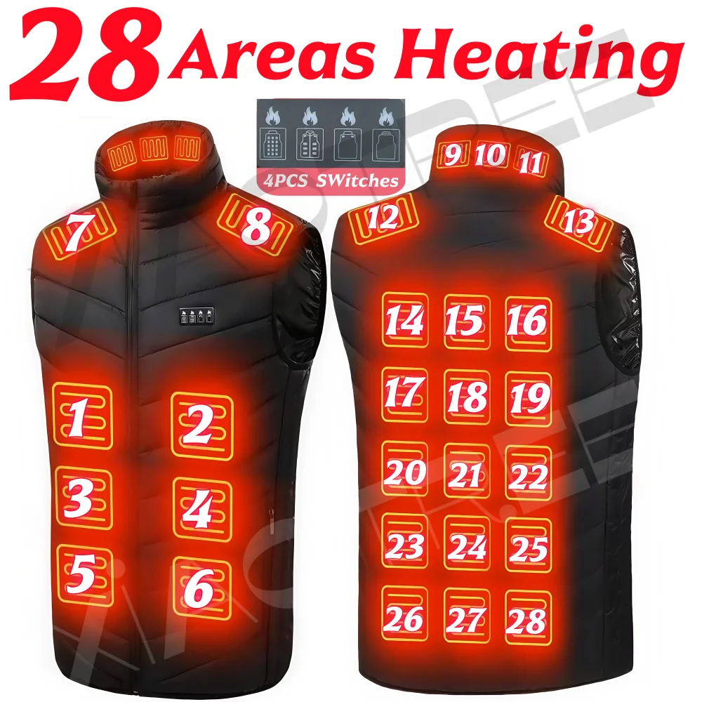 28/9 zones gilet chauffant hommes veste chauffée hiver femmes électrique Usb chauffage Camping veste homme gilet thermique corps plus chaud manteau 6XL