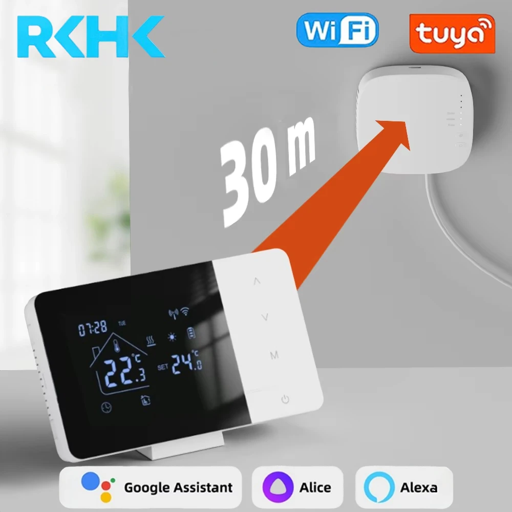 เทอร์โมสตัท RKHK Tuya สำหรับควบคุมความร้อน/ความเย็นของหม้อต้มแก๊ส ระบบสมาร์ทโฮม ใช้พลังงานจากแบตเตอรี่ ตั้งโปรแกรมได้ทุกวัน ทำงานร่วมกับ Alexa 1