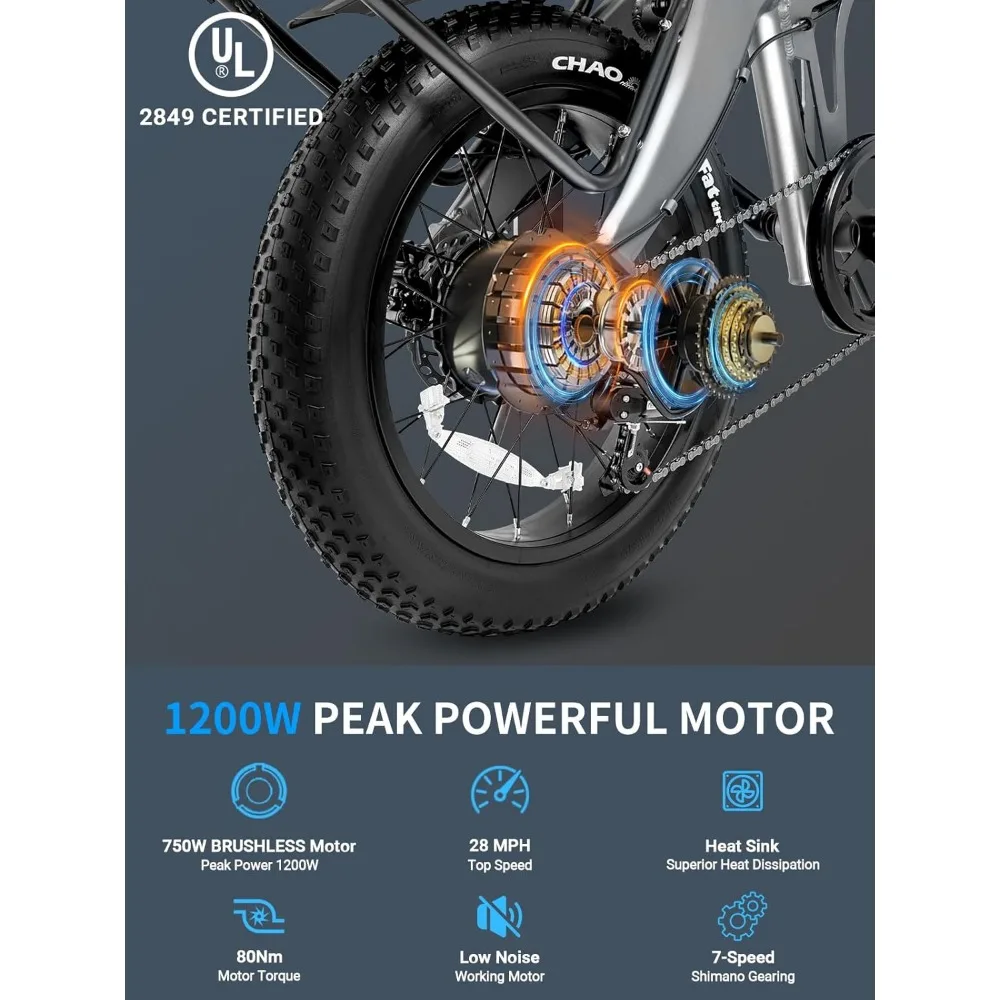 Adult Electric Bicycle, 1200/1400W Peak, 30/28MPH 60 Miles, 720WH Battery 20x 4.0 Fat Tires, Foldable, with APP/anti-theft Alarm 2