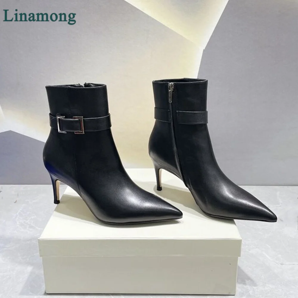 2024 New Leather Fabric Short Boots For Female Women Thin High Heel Pointed Toe Side Zipper Metal Buckle Design Elegant Shoes