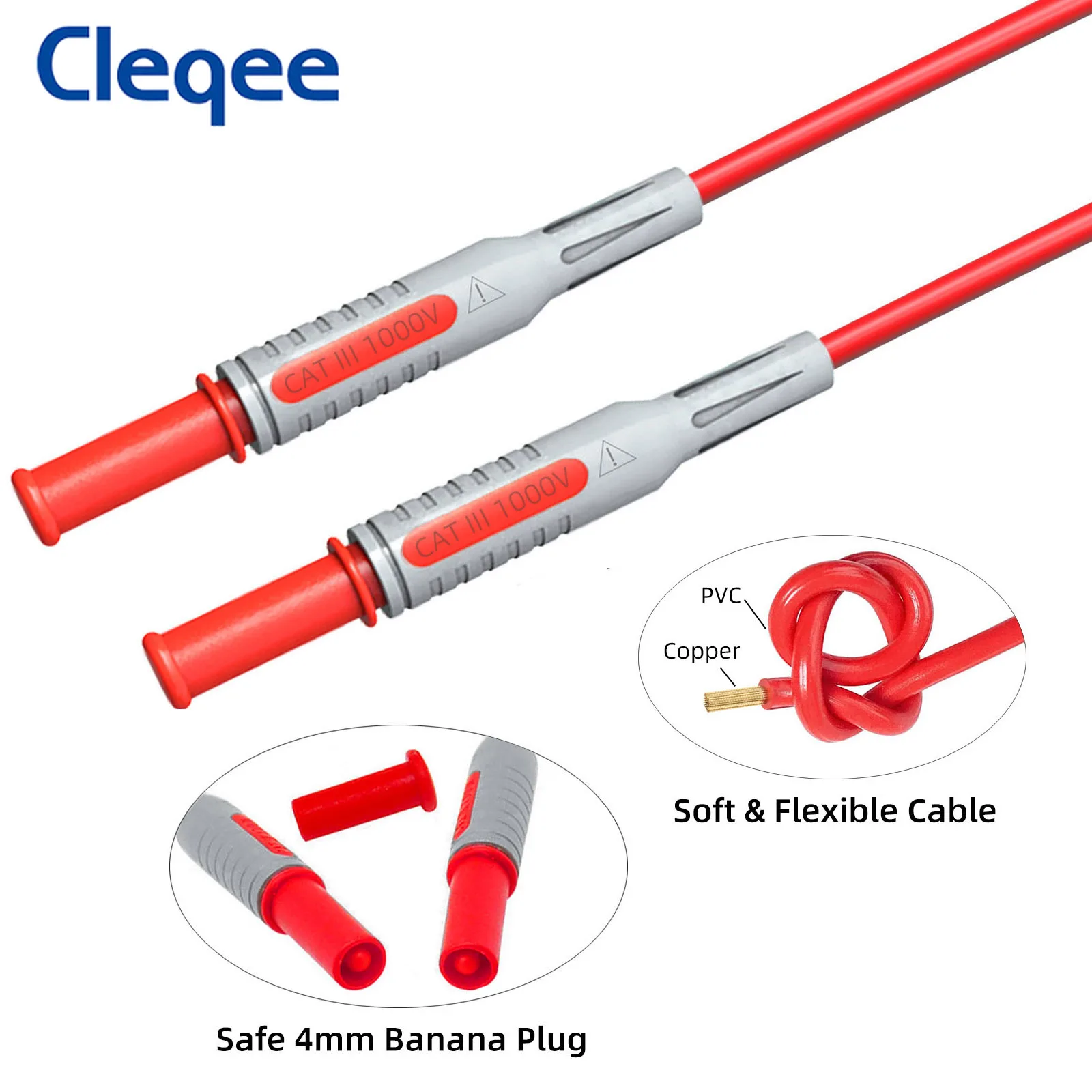 Cleqee P1032 2PCS Dual 4mm Safety Banana Plug Test Leads Straight