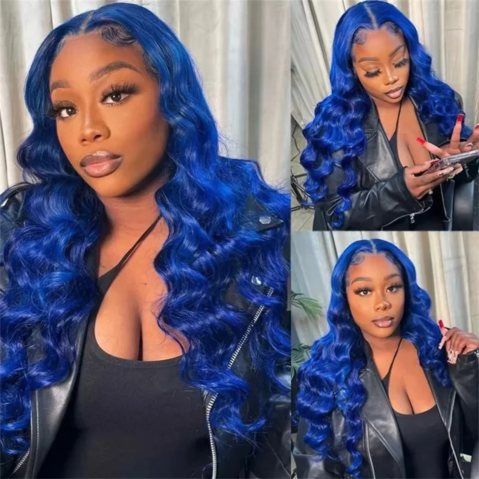 250 Density Navy Blue 13x6 Hd Lace Body Wave Human Hair Wigs Brazilian Blue Colored Transparent Lace Front Wigs For Women 13x4