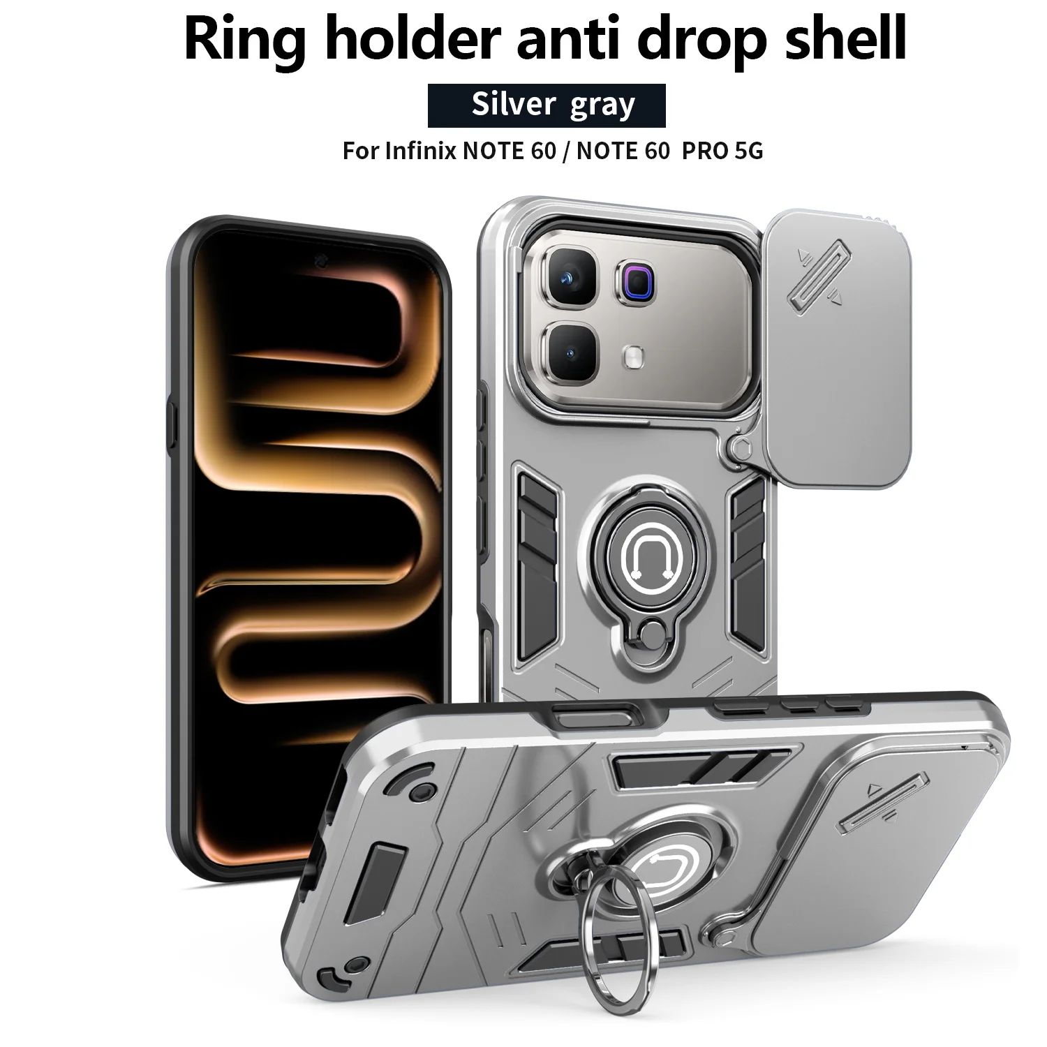 Rugged Armor Shockproof Phone Case with Sliding Window and Metal Ring Holder