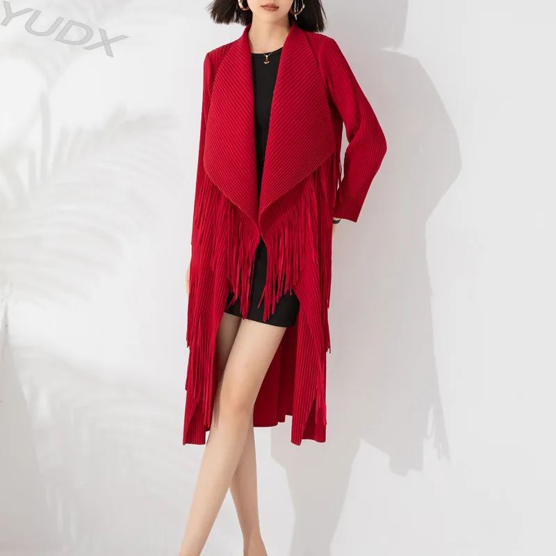 

YUDX Miyake Women's Trench Coat Loose Tassel Pleated Jacket 2023 Fall Lapel Casual Solid Color Splicing Medium-length Cardigan