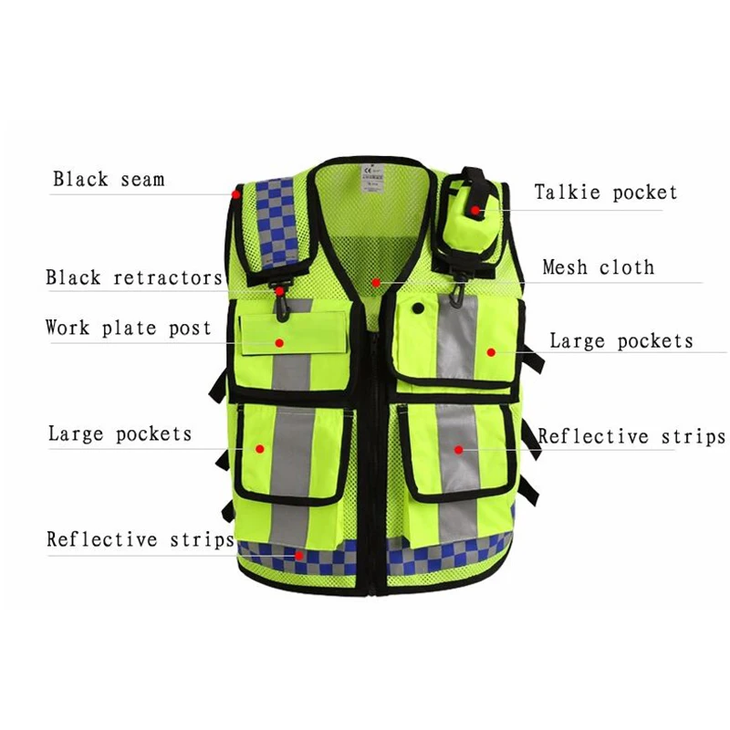 Motorcycle HONGKONG STYLE Reflective Vest Lattice Screen Cloth Safety Vest Traffic Police Zipper Reflective vest