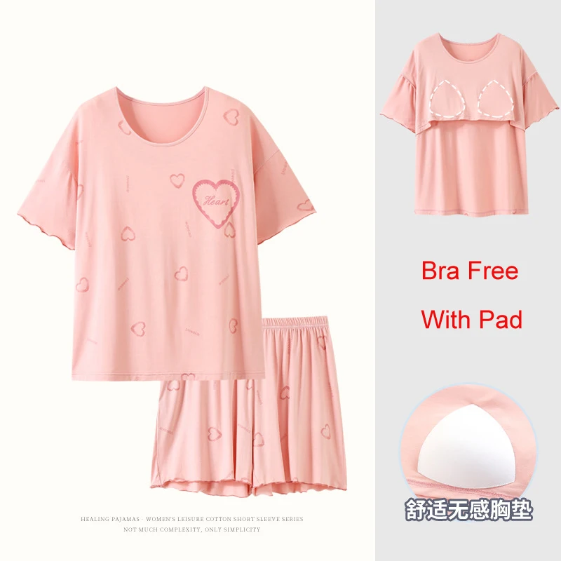 Modal Short-Sleeved Sleepwear Women's Summer Pajamas Set Shorts Suit Large Size Homewear with Bra Pad Pyjama Pour Femme