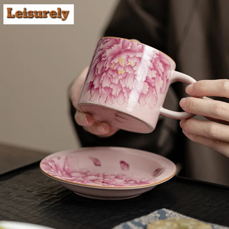 180ML Antique Pink Peony Flower Ru Kiln Mug Boutique Coffee Cup Mug With Plate Tea Making Office Water Cup Cafes Collection Gift