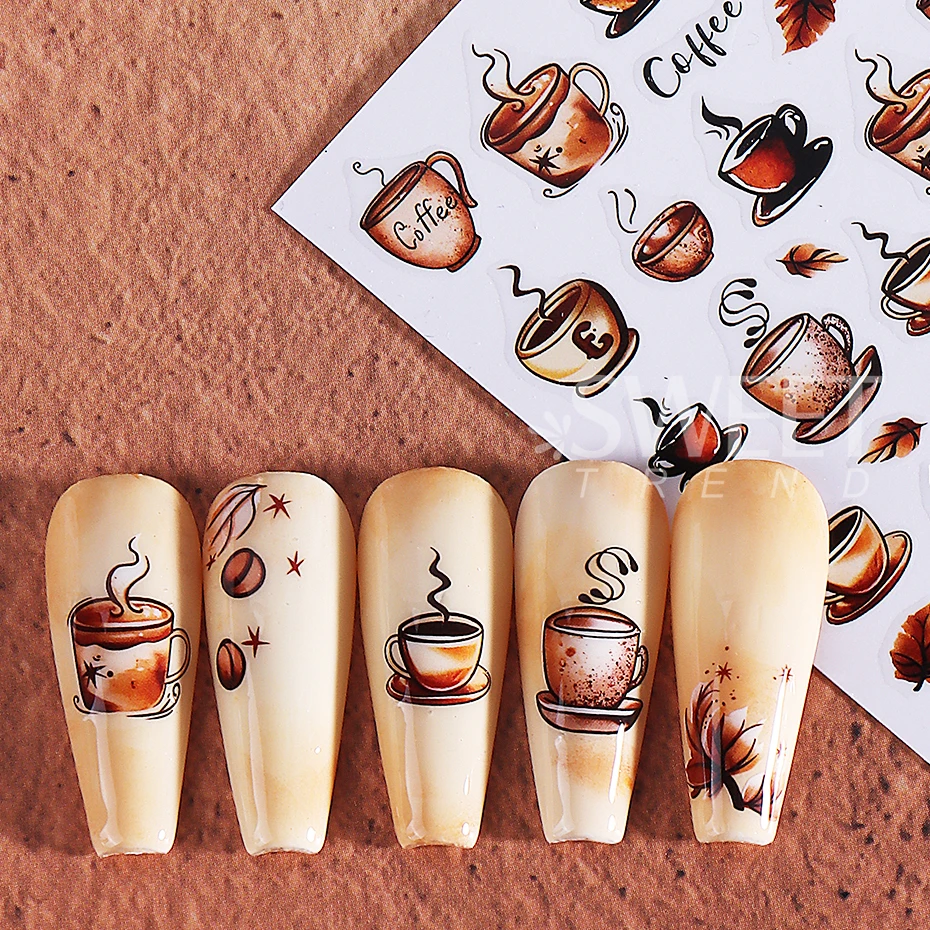 2pcs Retro Nail Stickers 3D Autumn Maple Leaf Coffee Pattern Self-Adhesive Nail Decals DIY Simple Manicure Decoration Sliders