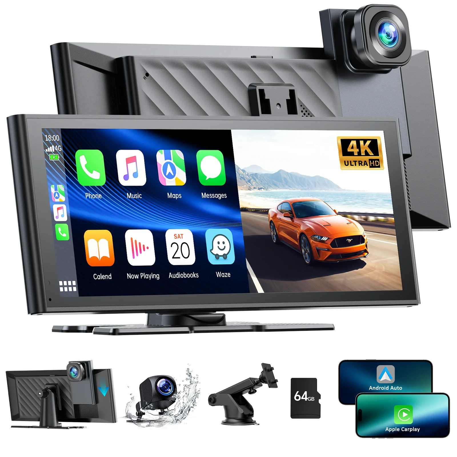 Tobard 10.26 "4K Dashcam Wireless Apple Carplay E Android Auto Car Stereo Autoradio Con 1080P Posteriore Cam Bluetooth Navigazione Gps