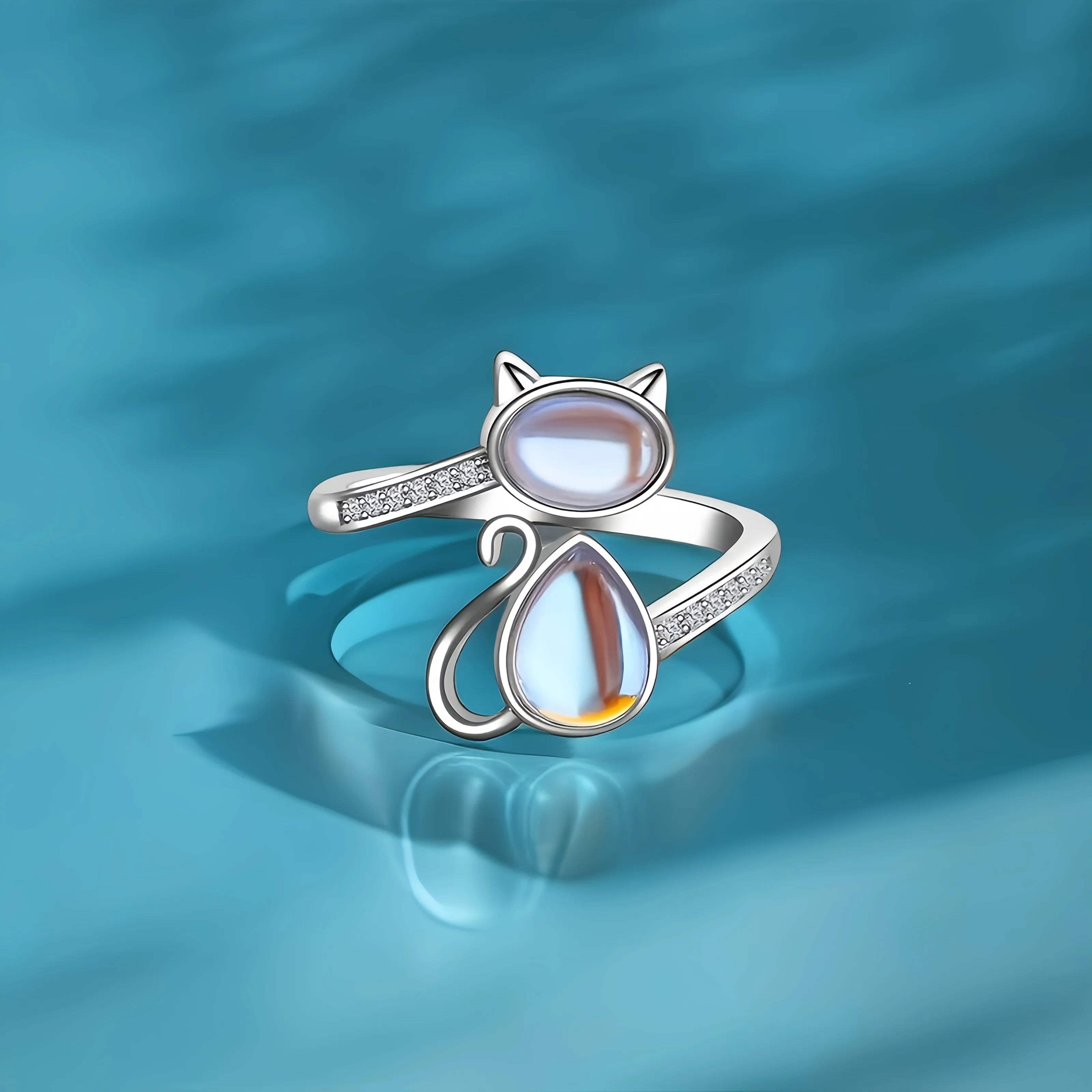 Cute Cartoon Design Cat-Shaped Imitation Moonstone Ring for Women Tiny Cat Adjustable Rings Daily Jewelry Gifts
