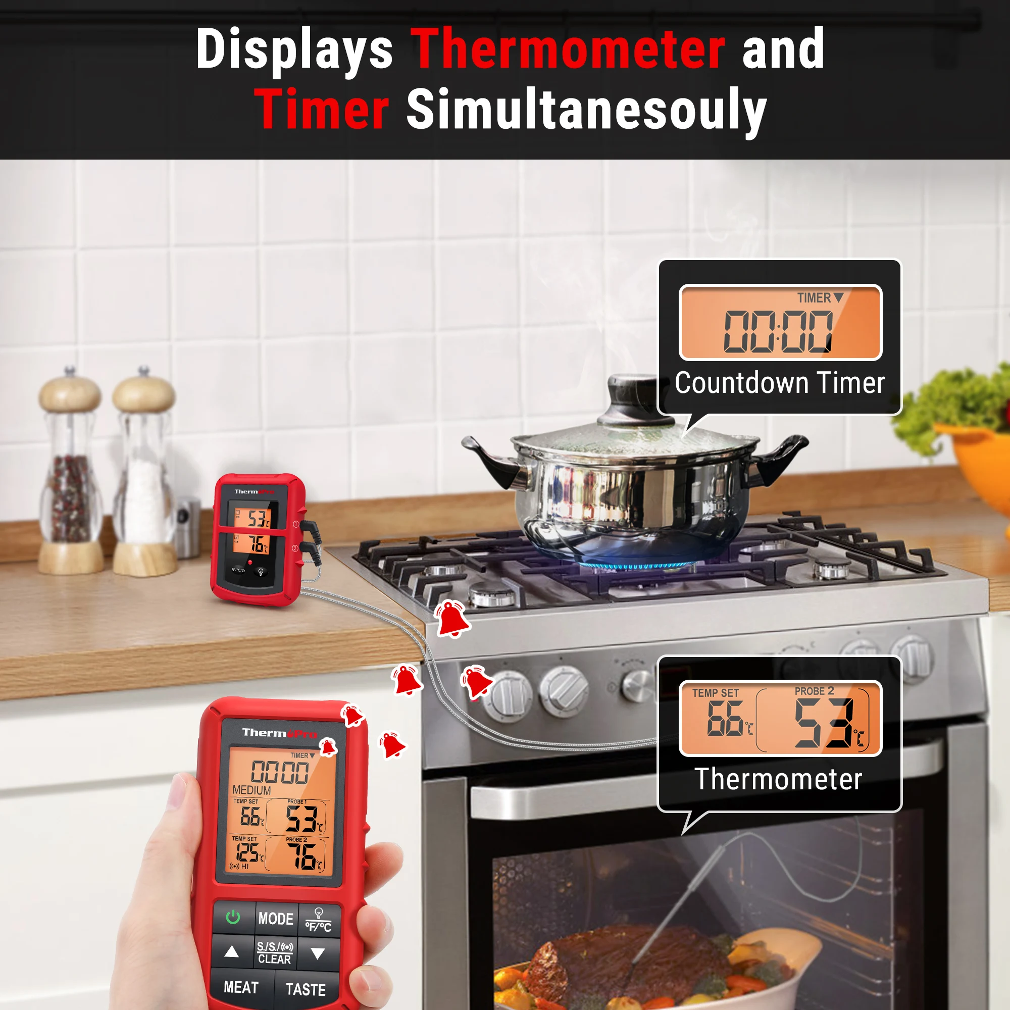 ThermoPro TP20C Wireless 150M Backlight LCD Display Digital Kitchen Cooking BBQ Oven Meat Thermometer With Timer Function