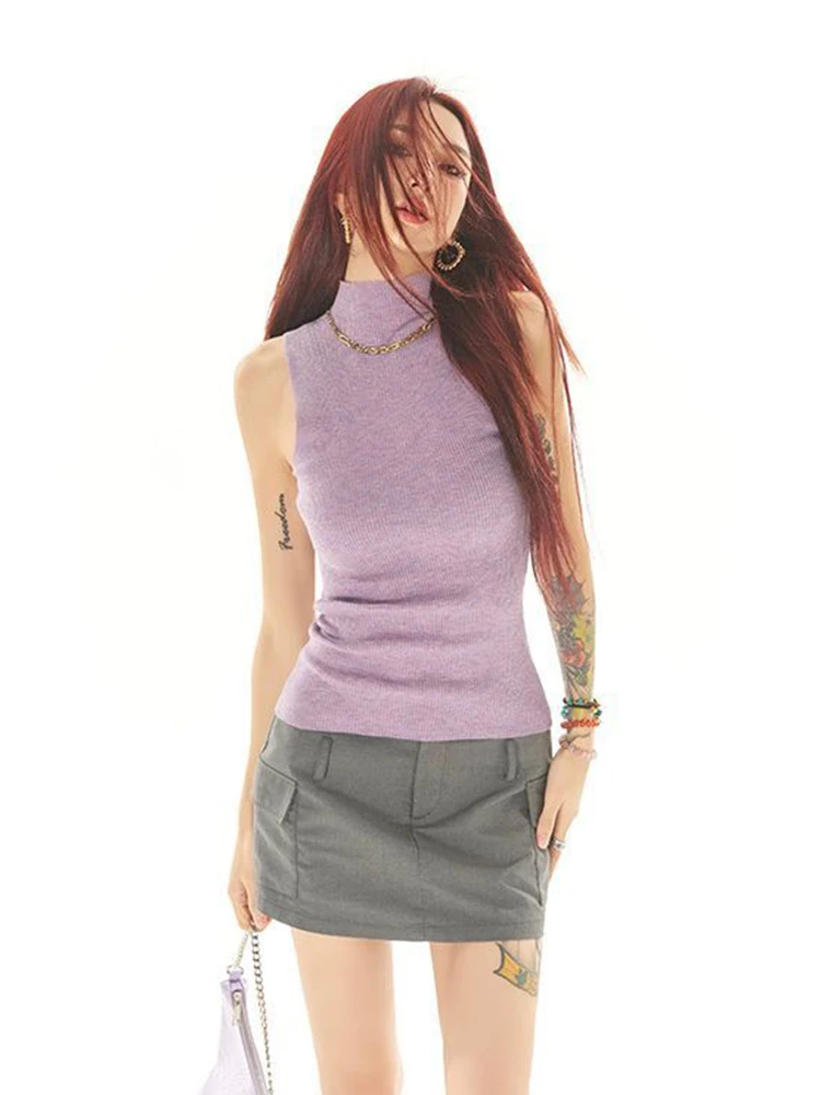 Turtleneck Knitted Tank Top for Women's Summer Sleeveless Elastic Sexy Slim Basic Tops Streetwear
