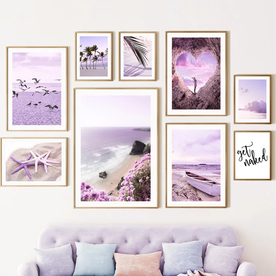 Wall Art Dreamy Purple Tropical Beach Coconut Tree Gabbiano Starfish Canvas Painting Living Room Decor Poster E Stampe Picture