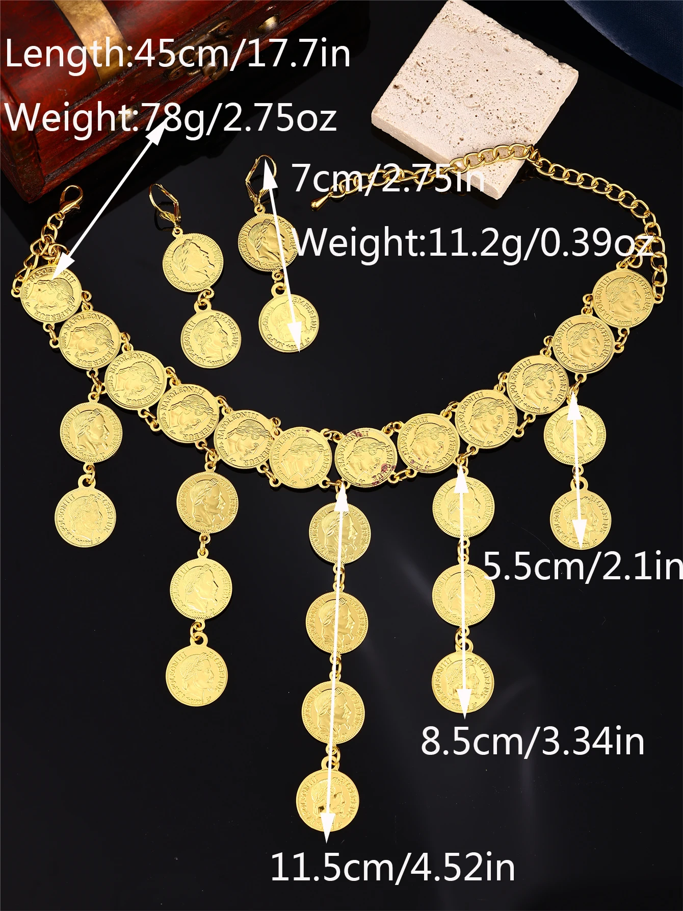 طقم ليرات ذهبي متدلي – عقد مع أقراط بتصميم تراثي ف...