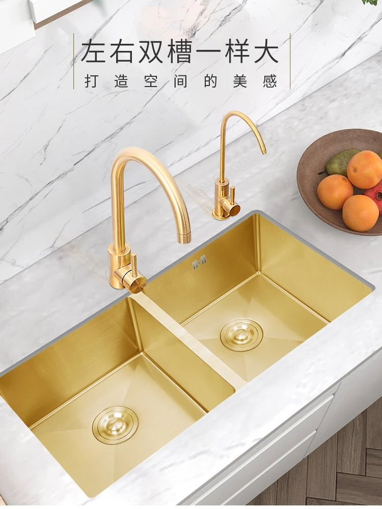 

Nano-gold stainless steel sink double-slot 304 under the table basin thickened handmade kitchen sink sink large
