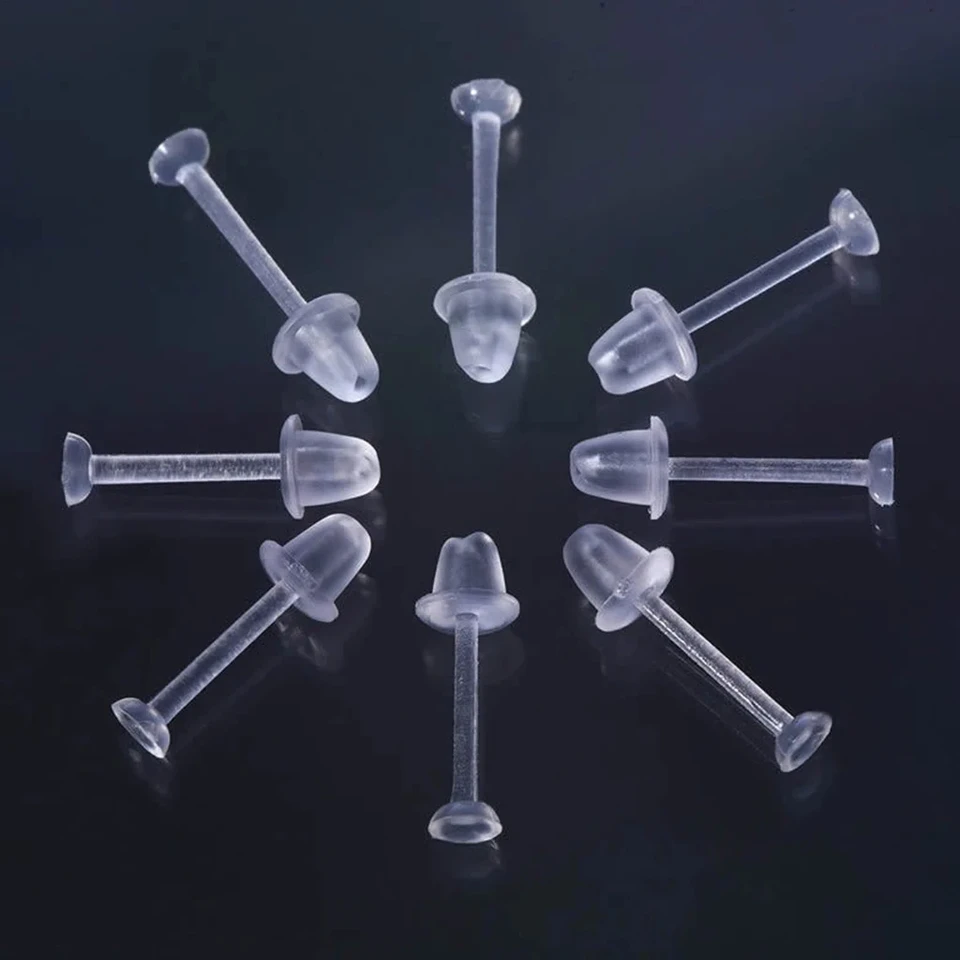 10PC Clear Plastic Earring Posts With 10 Silicone Backs - Invisible Heart Studs For Sensitive Ears