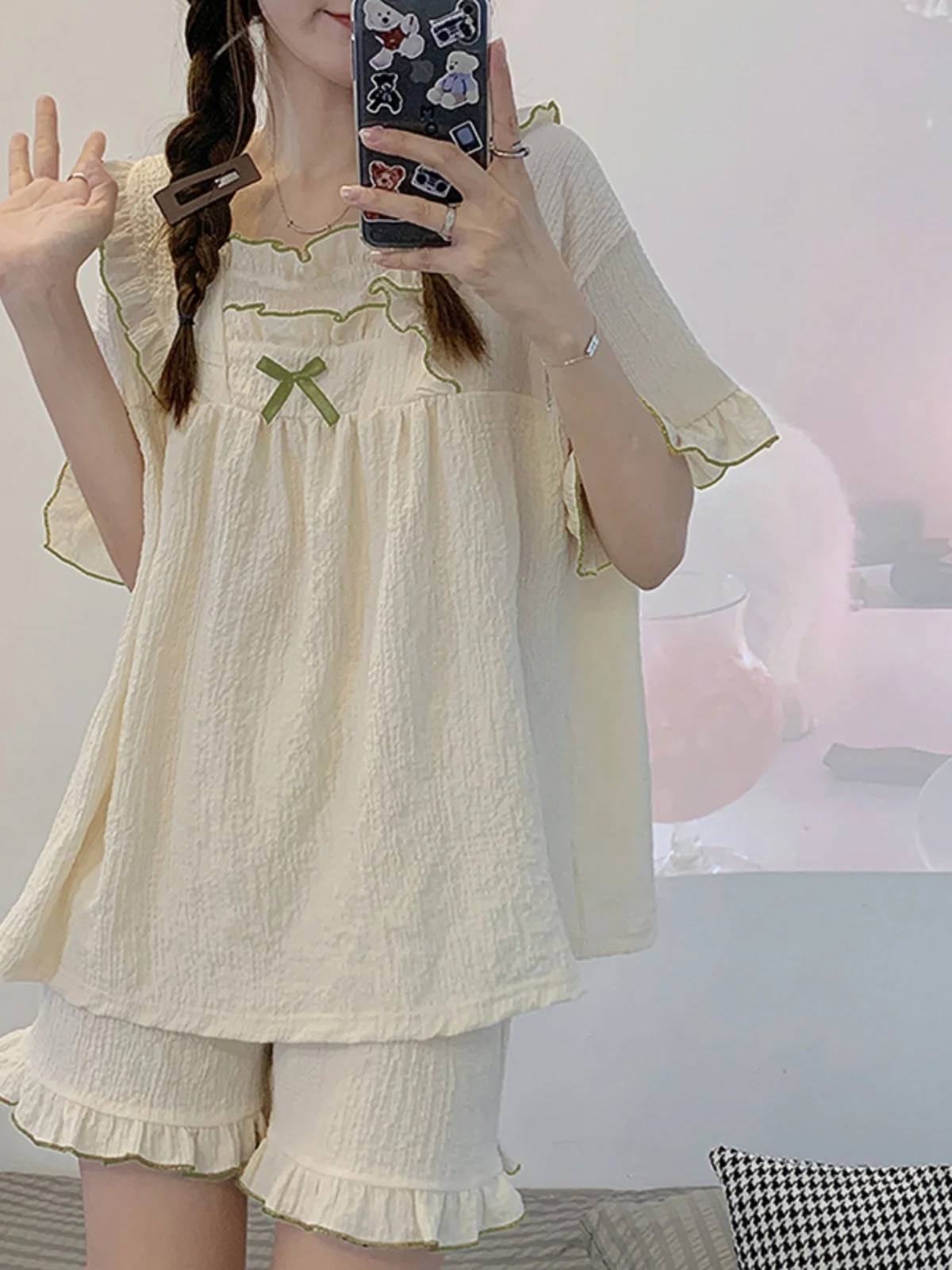 Summer Women's Sleepwear Cotton Gauze Thin Short Sleeve Home Clothes Set Sweet Princess Style Dress Comfortable Breathable - 4