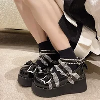 Japanese Kawaii Punk Goth Chunky Platform Pumps Women Bowtie Wedges Mary Jane Lolita Shoes Woman Heart Ankle Buckle Black Shoes 2